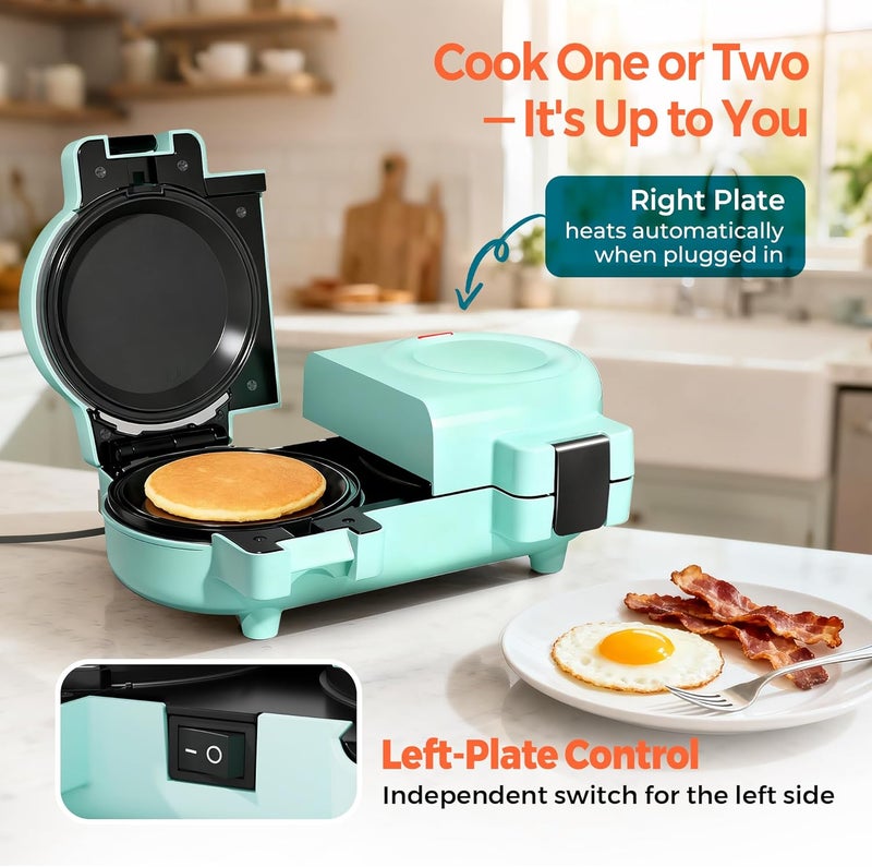 CACHOO 2-in-1 Double Waffle & Pancake Maker - Mini 4" Nonstick Waffle Iron & Small Round Griddle with 4 Removable Plate Sets, Dishwasher Safe, Perfect for Small Spaces, Apartments & Dorms, Aqua - Image 4
